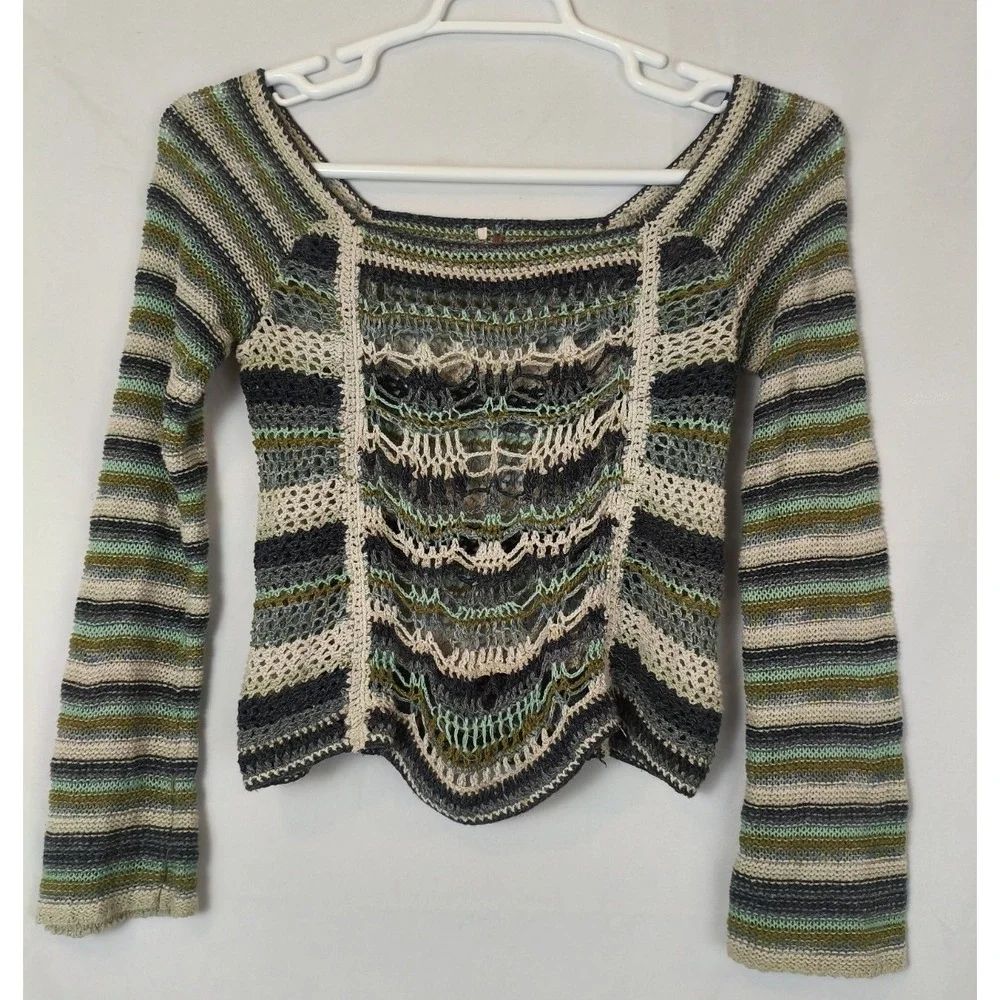 Free People Cropped Stripe Boho Sweater Festival Y2k Silk Cotton Sz XS?? S?